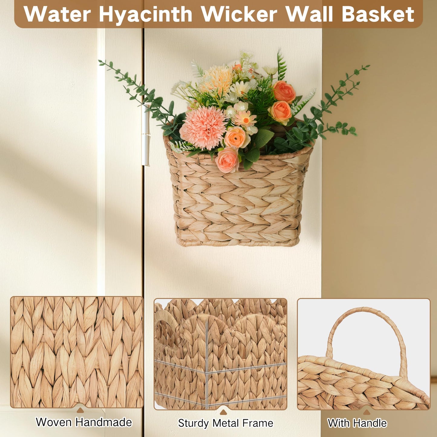 iEGrow Set of 2 Hanging Basket, Wicker Wall Basket Natural Water Hyacinth, Hanging Baskets for Organizing and Decor, Storage Baskets for Door Mounted