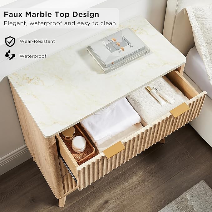T4TREAM Fluted 3 Drawers Nightstand Set of 2, Oversized Extra Large Modern Side