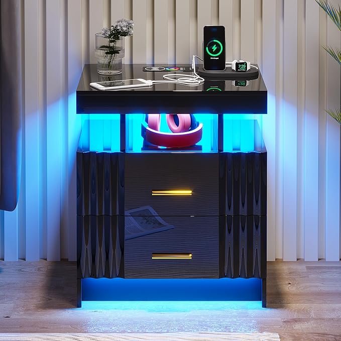 Nightstand with Wireless Charging Station, Bedroom Bedside Table with RGB Lights