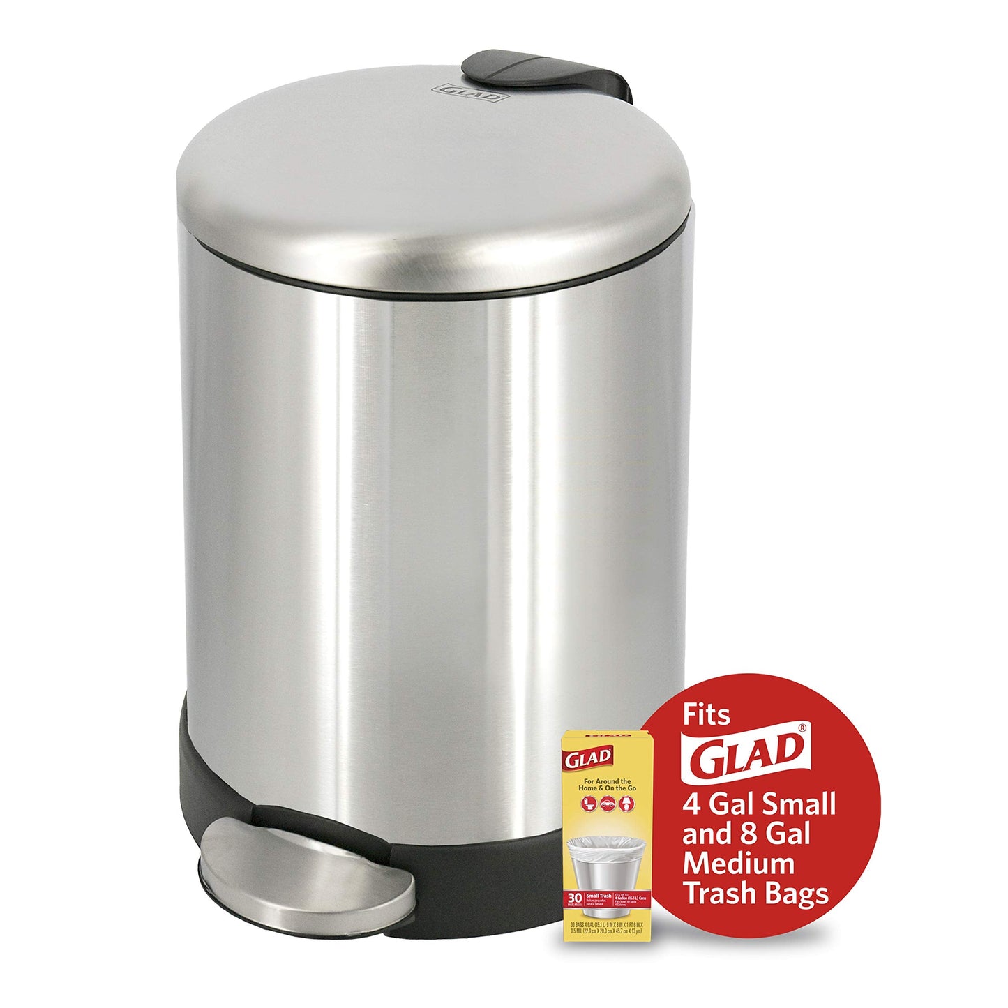 Glad Small Trash Can, 1.2 Gallon | Round Stainless Steel Garbage Bin with Soft Close Lid & Step Foot Pedal | Metal Waste Basket with Removable Inner Bucket, Stainless, 8 x 9.5 x 12 inches