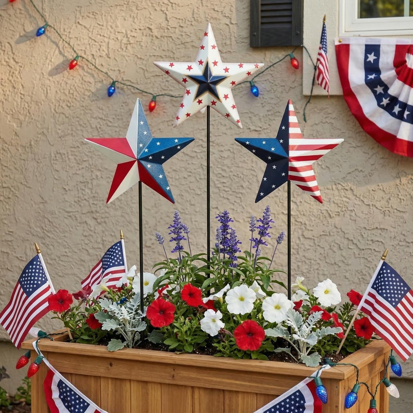 WKHOMEDECO 4th of July Decorations Outdoor 19" Metal Barn Star 6-Pack, Patriotic Outdoor Decorations, Rustic Iron Decorative Garden Stakes with American Flag Stars for Yard Patio Lawn