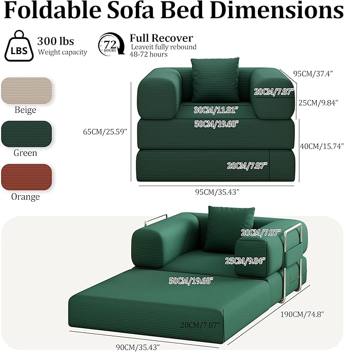 BSHOMGI Folding Sofa Bed, 2 in 1 Convertible Sofas to Lounger Comfy Single Bean