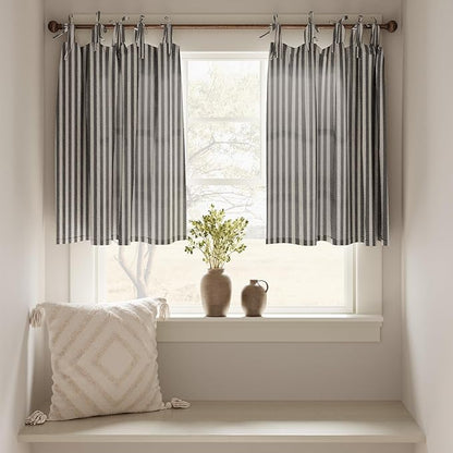 JINCHAN Tie Top Linen Kitchen Curtains 36 Inch Striped Tier Curtains Farmhouse Modern Cafe Style Small Window Treatments Airy Light Filtering Rod Pocket for Living Room Bathroom 2 Panels Charcoal Grey