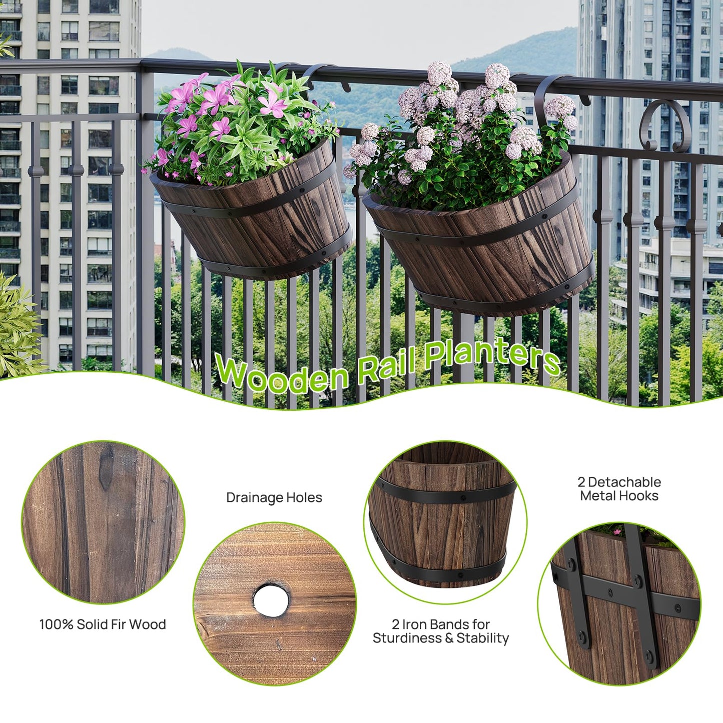 2PACK Wood Cute Railing Planter Box Wooden Hanging Flower Pots for Railing Fence Outdoor Plants Wall Planters Window Flower Box Hanging Bucket Pots Countryside plant Holder (Carbonized,2pcs,Small)