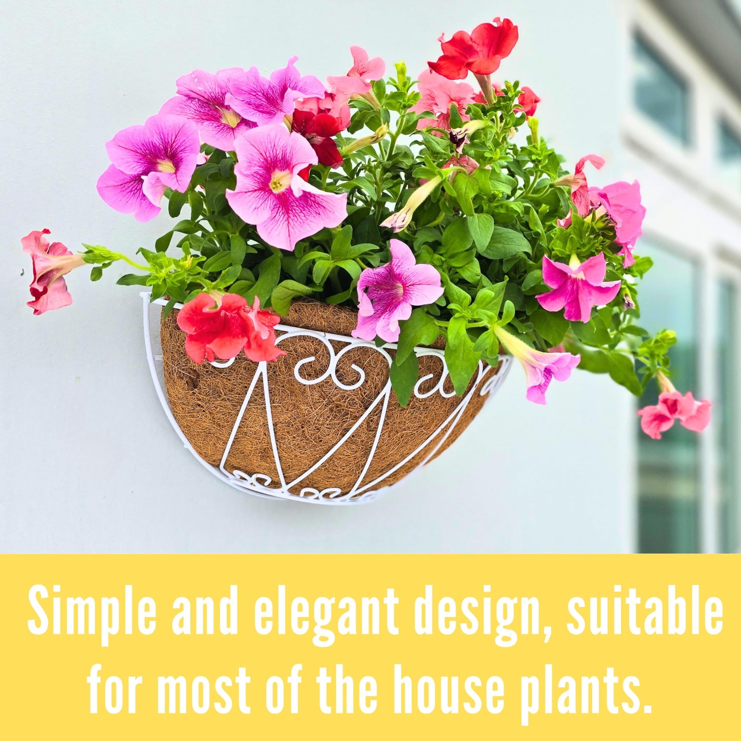 LaLaGreen Outdoor Wall Planters (2 Pack, 16 Inch) White Metal Wall Mounted Hanging Basket with Coco Liner, Large Flower Pot Plant Holder Planter for Fence Railing Deck Porch Balcony Modern Home Decor