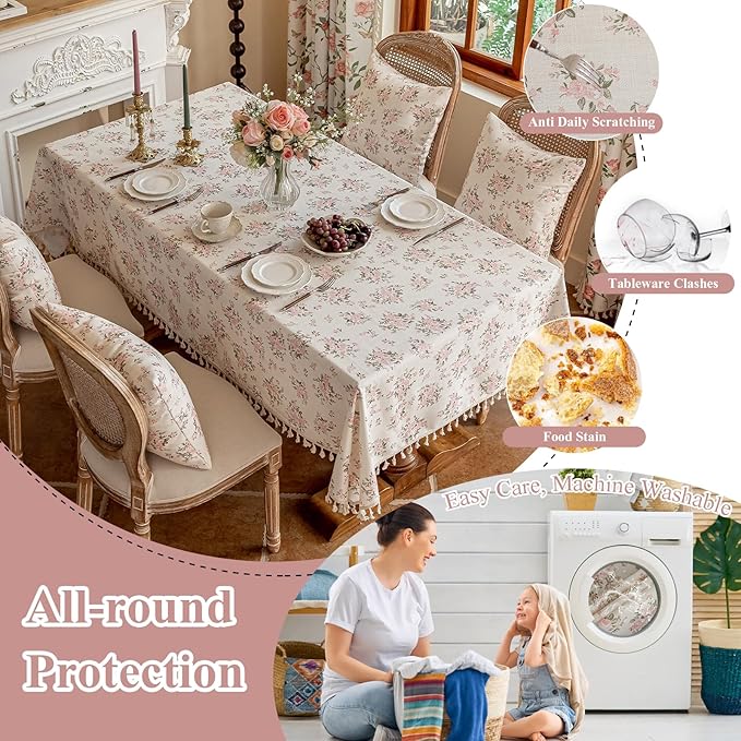 VClife Shabby Chic Pink White Floral Tablecloth