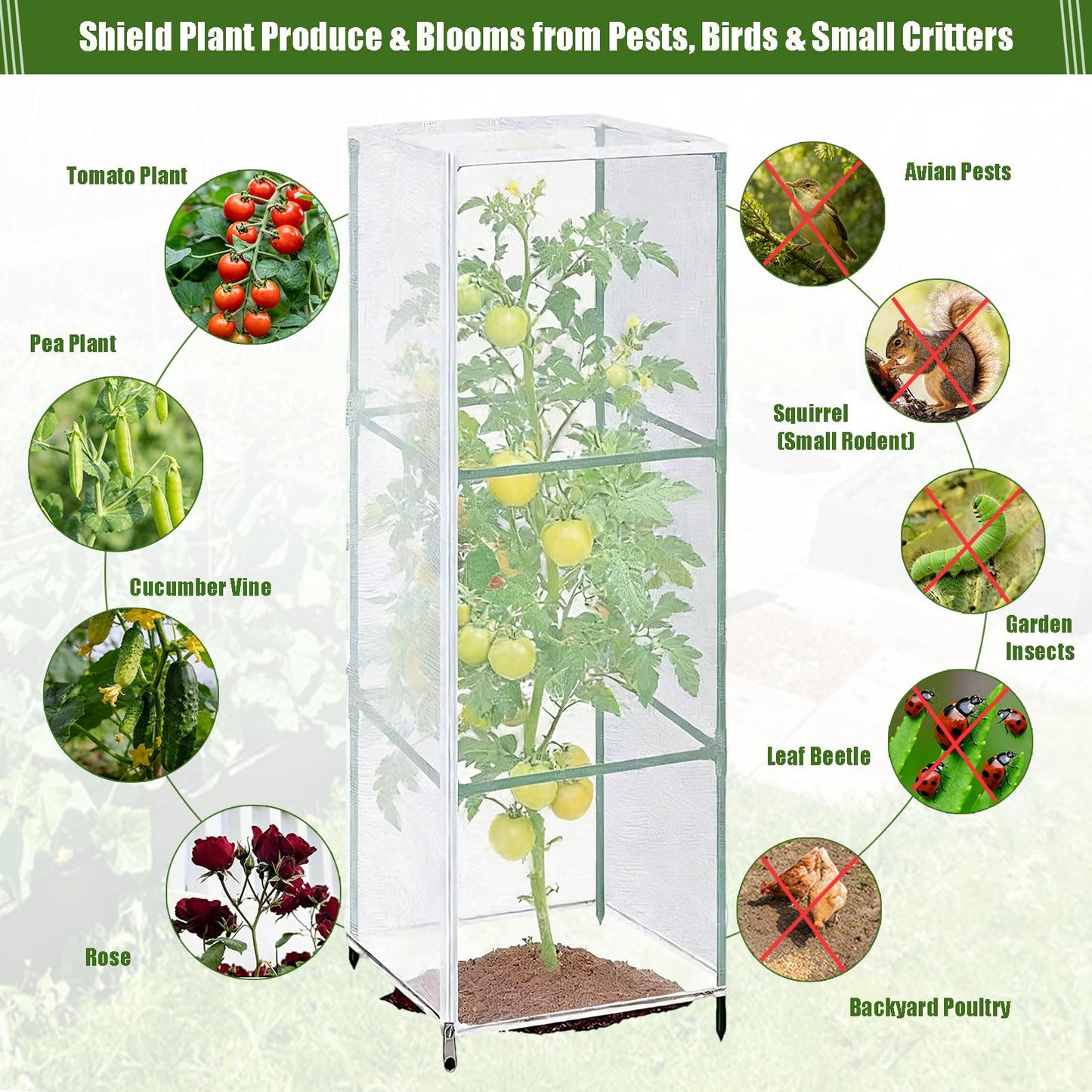 Ukontagood 8 Pack Garden Bird Netting Plant Cover for Square Tomato Cage, 59" x 17.7" Garden Netting Barrier Mesh with Drawstring Ultra Fine Plant Cover for Protecting Plants