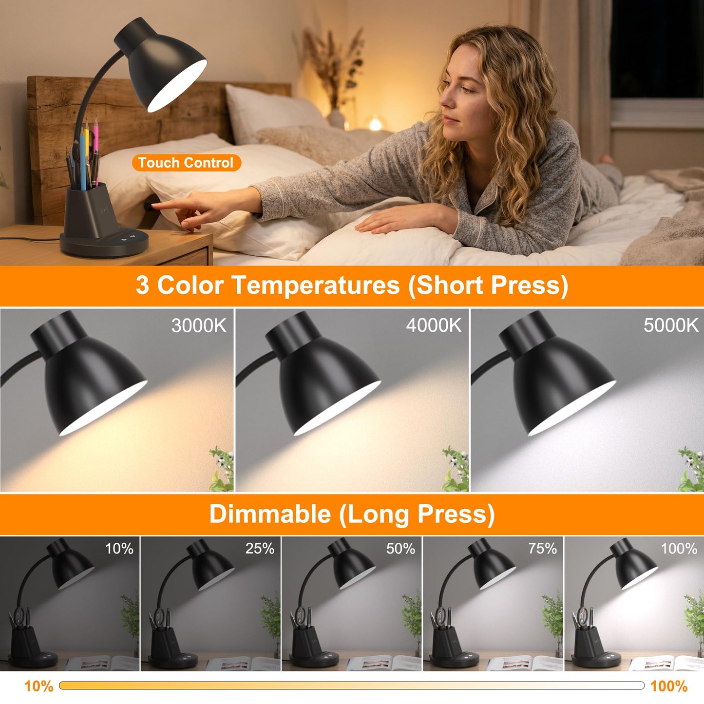 Sailstar Desk Lamp for Home Office, 10W Wireless Charging, Eye-Caring LED Desk Light, CRI 95+ 3 Color Modes Stepless Dimming Pen Holder, 360° Flexible Arm Desk Lamps for College Dorm, Adapter Included