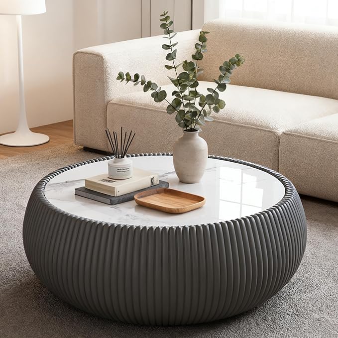 SSLine Round Drum Coffee Table Modern Sintered Stone Top Coffee Table in Grey
