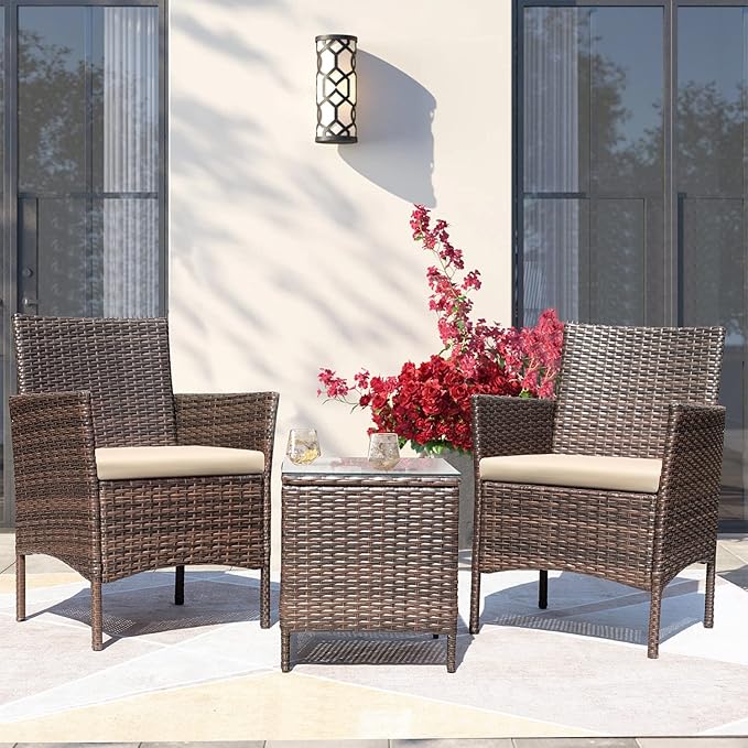 Greesum 3 Pieces Patio Furniture Sets Outdoor PE Rattan Wicker Chairs