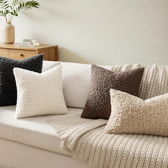 Faux Fur Throw Pillow Covers 20x20 Inch Set of 2 Boucle Neutral Decorative