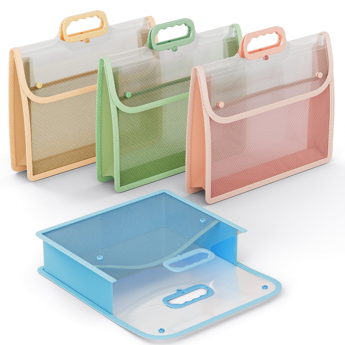 ABC Life [4 Pack] Plastic Expanding File Folder with Handle, Portable Transparent Document Organizer for Letter/A4, Briefcase-Style Accordion Case, Mesh Pocket, Heavy Duty for Home, Office & School