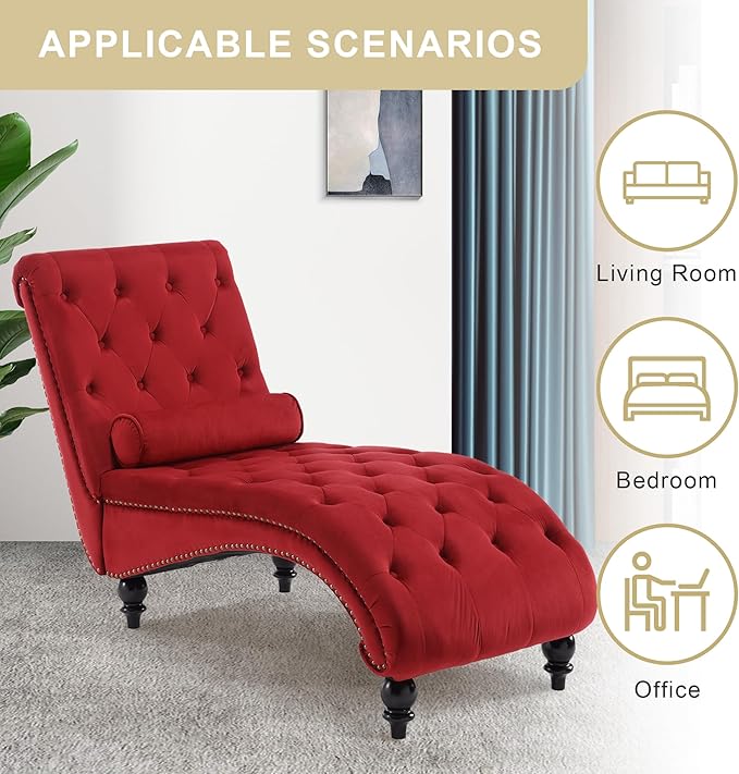 Chaise Lounge Indoor, Velvet Upholstered Lounge Chair Button-Tufted Armless