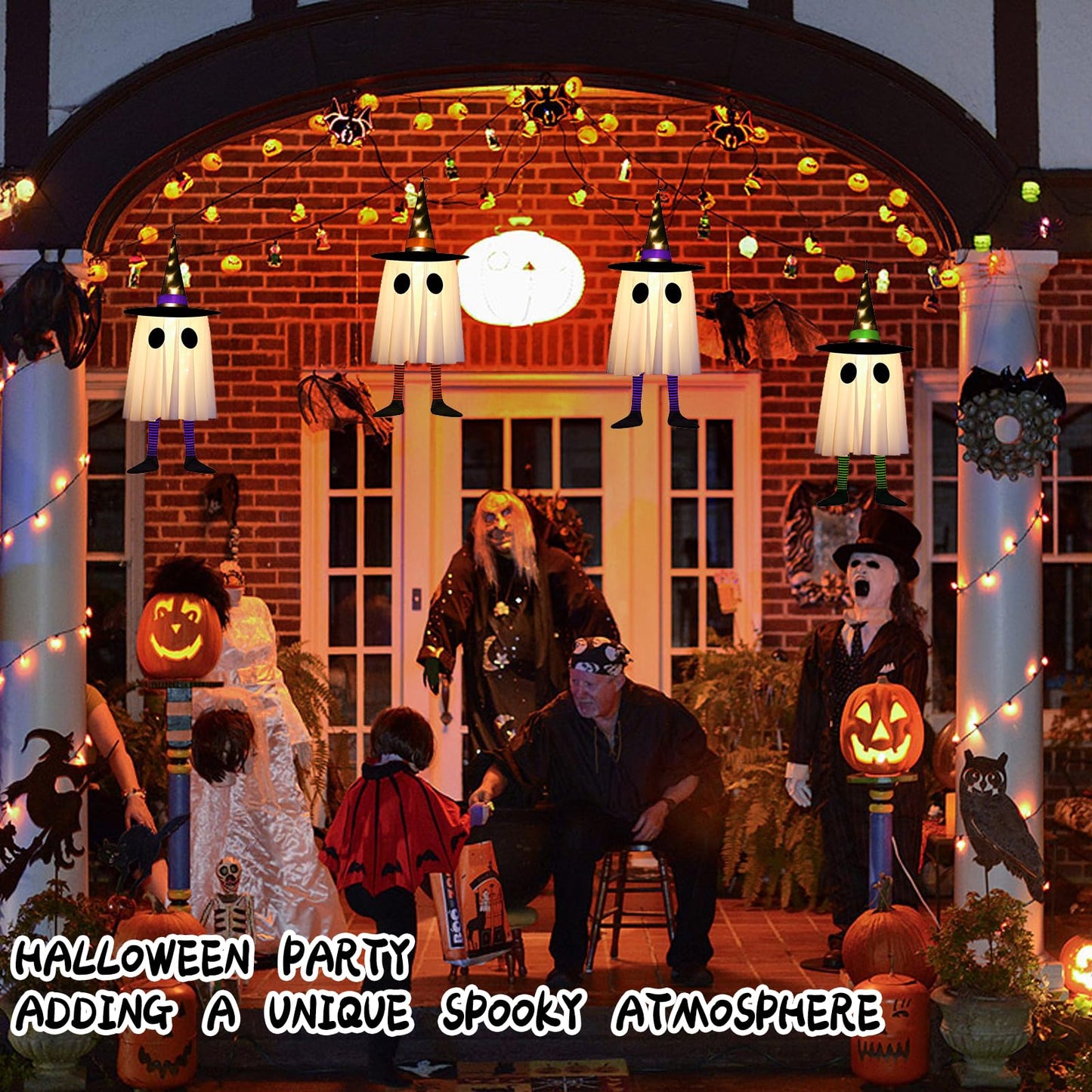 Set of 3 Halloween Hanging Ghosts, Halloween Decorations Outdoor Hanging Spooky Ghosts with Warm White LED Light, Glowing Ghost Witch Hat Lights Decor for Front Yard Lawn Garden Party Outdoor