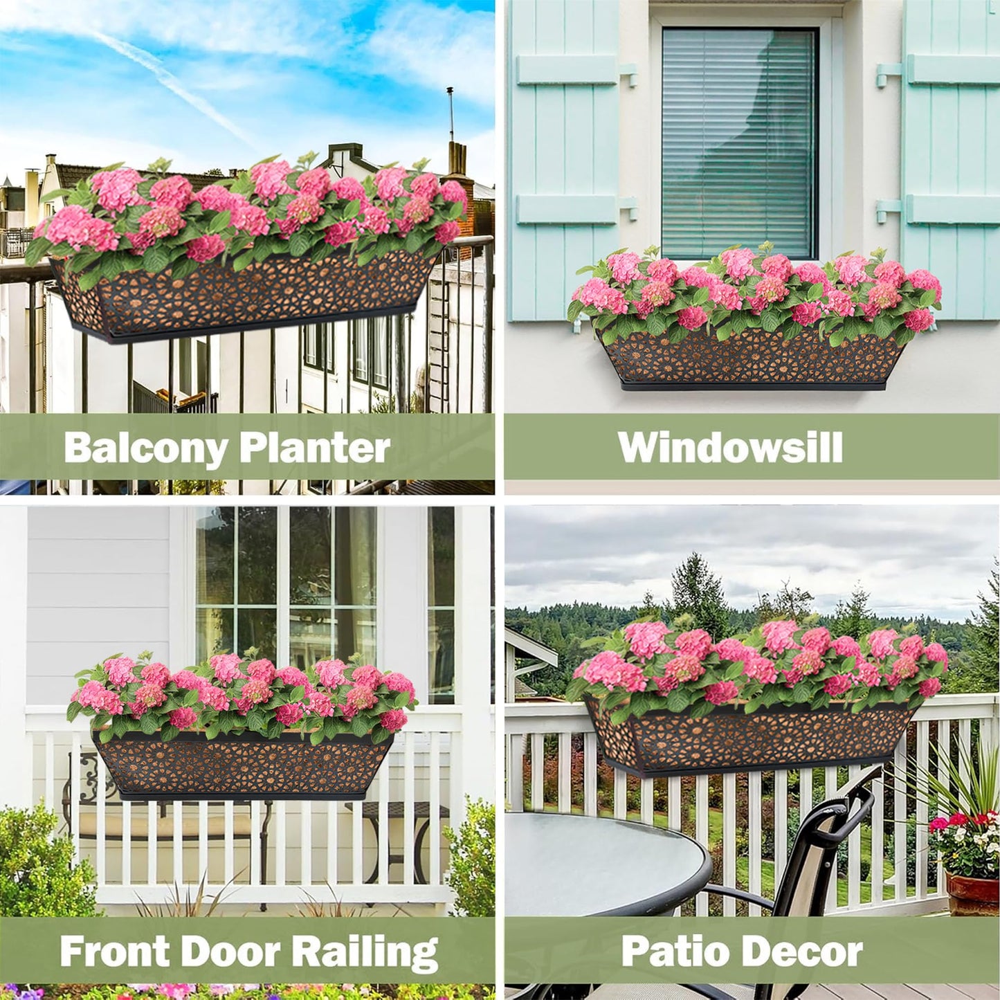 ZVOWOS Black Metal Railing Planter Window Box (4 Pack, 30 Inch) Horse Trough Planter with Coco Fiber Liner Deck Balcony Rail Planter for Porch Fence Patio Outdoor Garden Décor