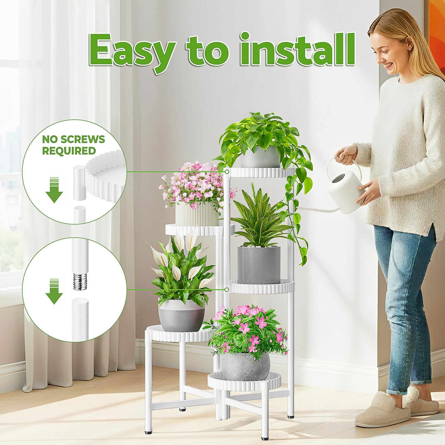 NQW 5 Tier Large Plant Stand Indoor with 7.9 Inch Wide Tray, Tiered Corner Metal Outdoor Flower Display Holder Shelf, Folding Tall Rack for Patio Porch Living Room Balcony - WhiteFloroma