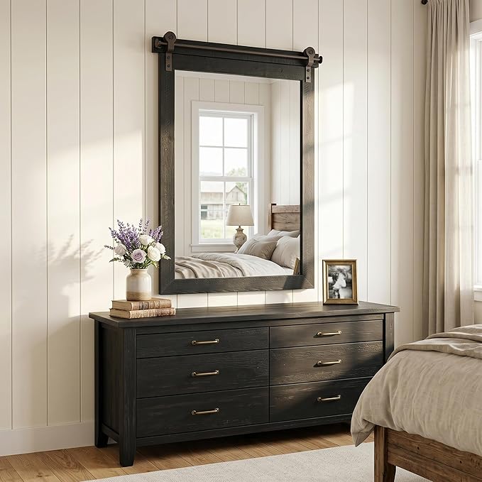 24"x36" Black Barn Door Wall Mirror, Solid Wood Framed Rustic Accent Mirror