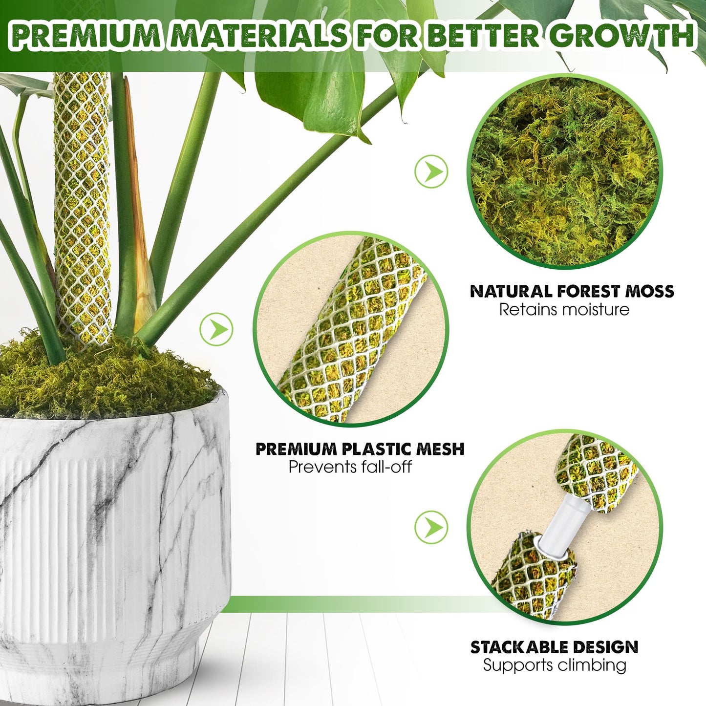 DUSPRO 2 Pack 22" White Stackable Mesh Moss Pole for Plants – Extendable Up to 39", Natural Forest Moss Pole Monstera Plant Support, Moss Stick for Climbing Plants, Indoor Plant Stakes Accessories