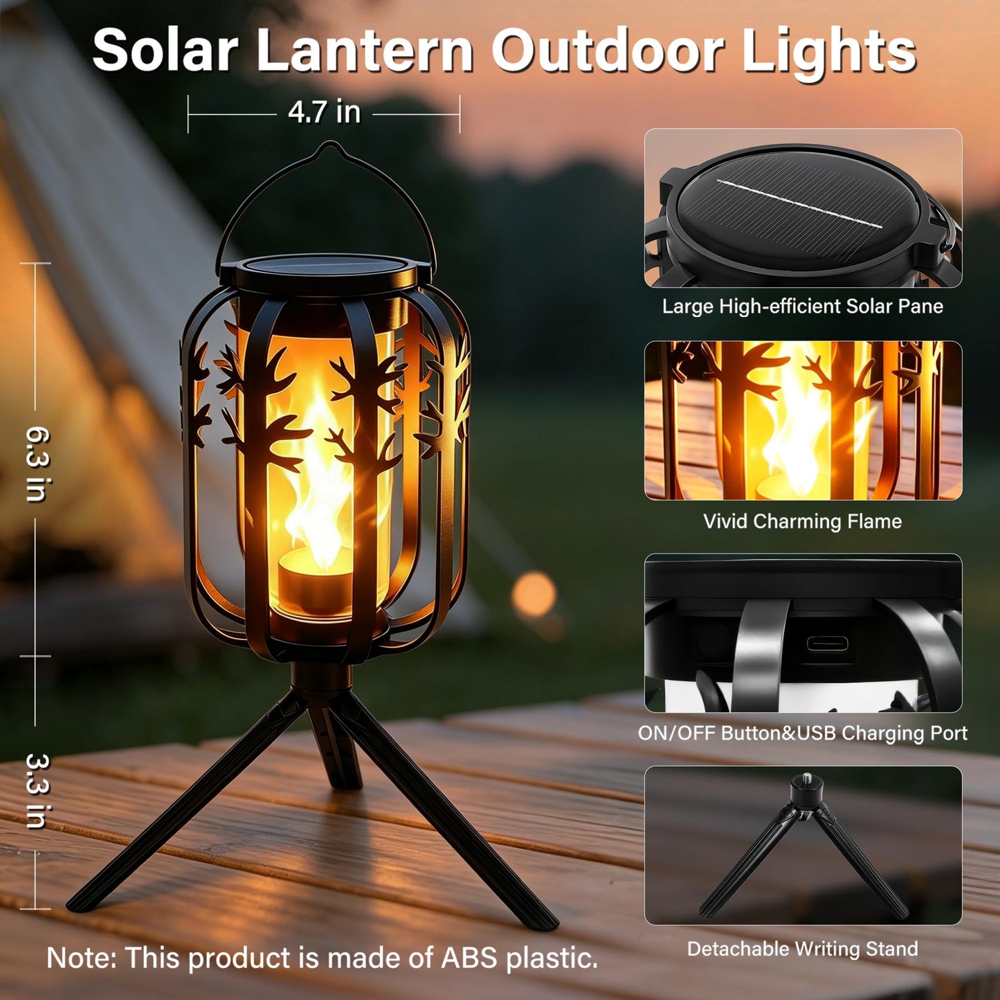 Ollny 2 Pack Solar Lanterns Outdoor Waterproof, Upgraded Flickering Flame Solar Lights Outdoor, Dual Charging (USB/Solar), 4 Modes Hanging Solar Lantern for Yard Patio Path Tree Garden Decor