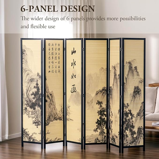 MyGift Decorative 6 Panel Folding Room Divider Bamboo Screen