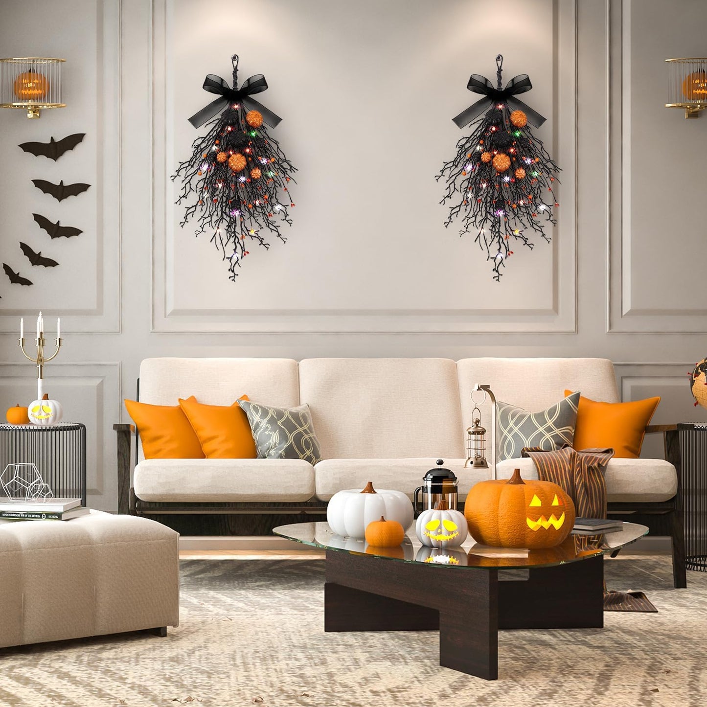 2 PCS Halloween Wreaths Halloween Floral Teardrop Swags Hanging Swag Plants Black Garland with Pumpkin Berries and 9.8ft Lights for Indoor Outdoor Party Wall Home Room Fireplace Porch Window Decor