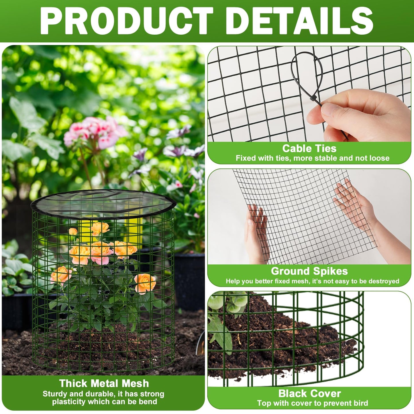 Plant Protector from Animals with Detachable Covers - 4 Pack 16”x 16" Wire Cage Cloches with Ground Stakes and Tools for Protecting Vegetable, Flower, Seedling