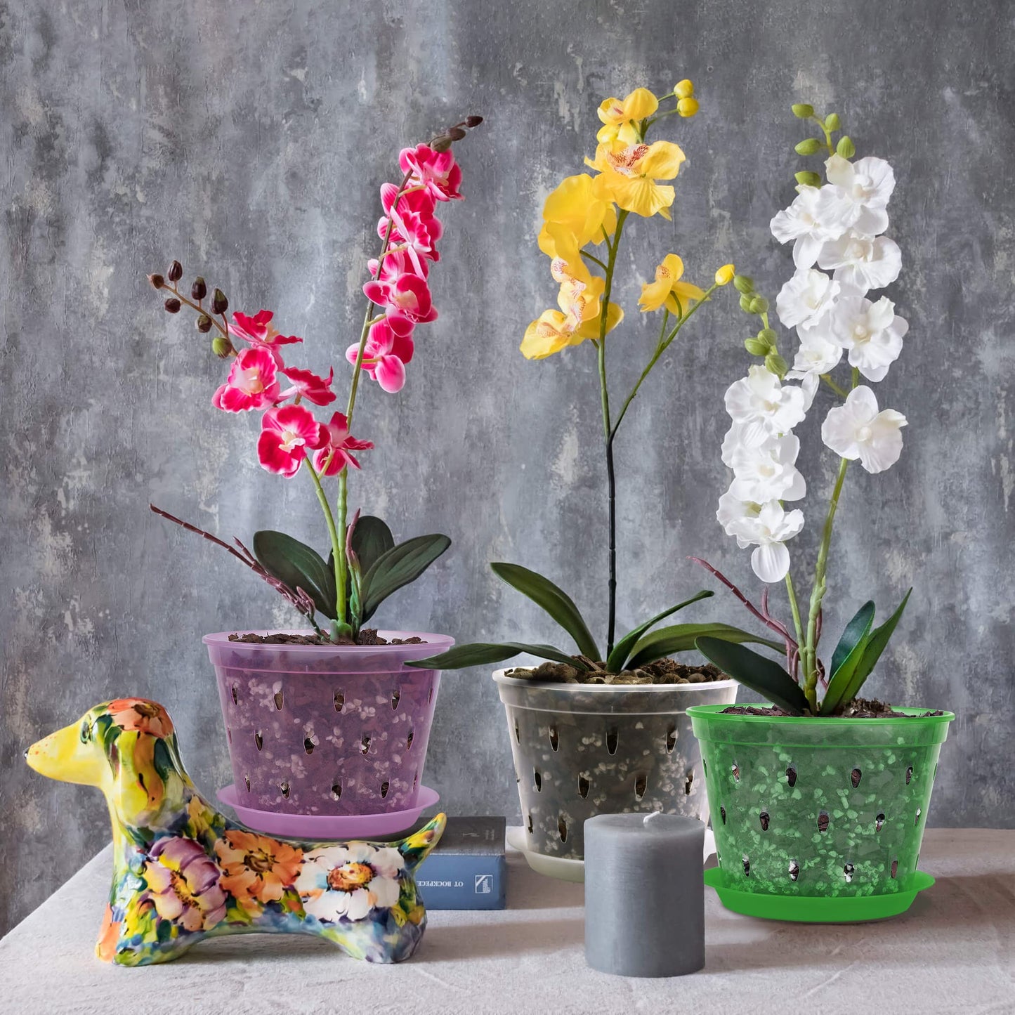 lanccona Orchid Pot, 7 Inch 8 Pack Orchid Pots with Holes and Saucers, Clear Plastic Plant Pot Indoor