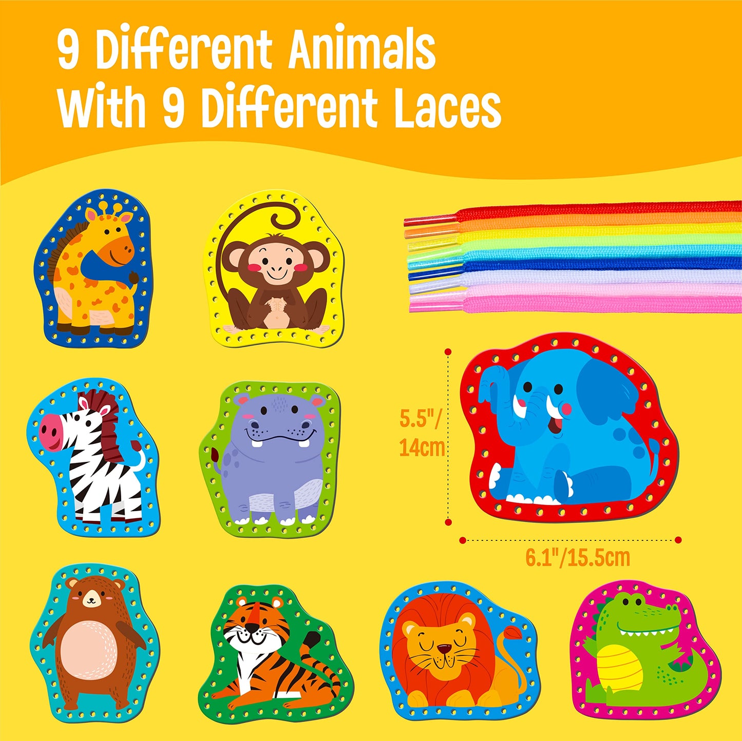 SpriteGru 9 Pieces Kids Lacing Cards, Double Sided Sewing Cards in 9 Wild Animals with 9 Colorful Laces, Imagination Development Lacing Toys Games for Children Educational and Learning Activity