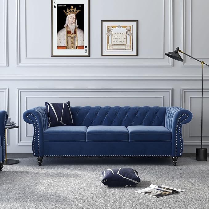 ORRD 2 Pieces Living Room Set, Velvet Couch Chesterfield Sofa Loveseat