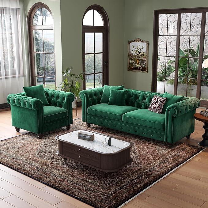 ONBRILL 82 Inch Chesterfield Sofa, 23 Inch Deep Seat Velvet Couch