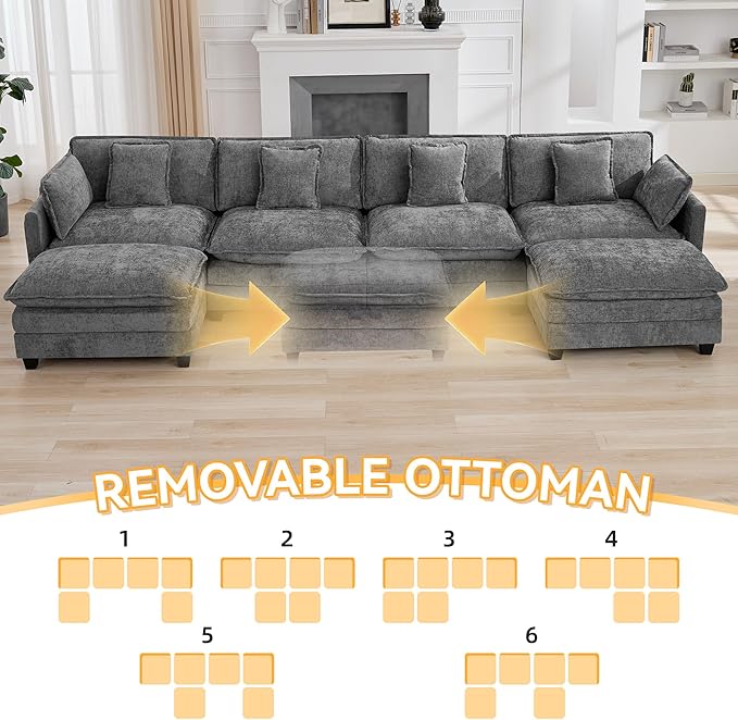 147'' Sectional Cloud Deep Seat Couch, Oversized Chenille U Shaped Sectional