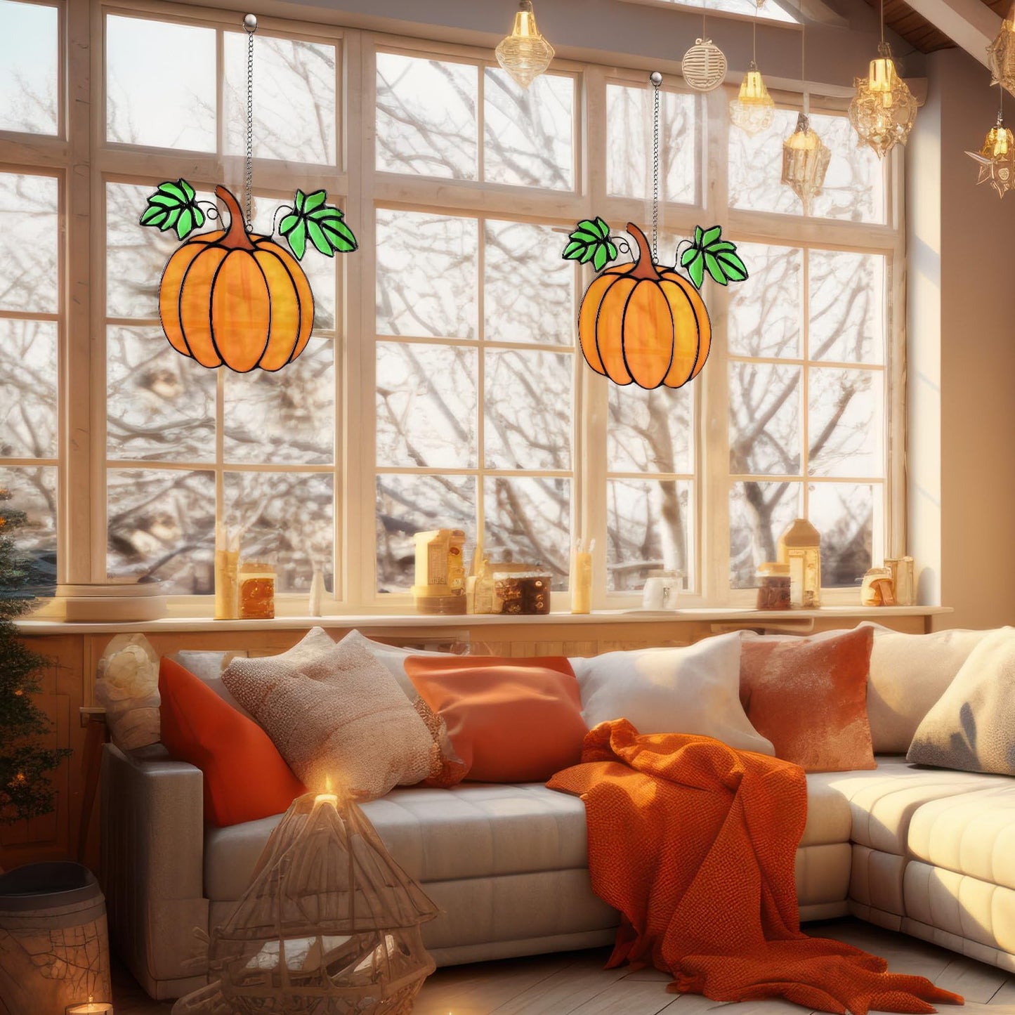 Yalikop 2 Pcs Thanksgiving Fall Pumpkin Suncatcher Decoration Halloween Pumpkin Stained Glass Window Hangings Sun Catcher for Office Party Home Decor Gifts Window Home Garden Fall Crafts Harvest Decor