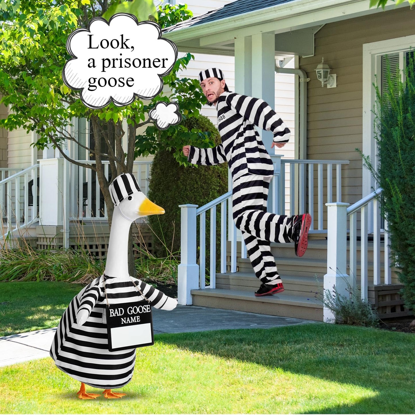 Shyyween Halloween Prisoner Porch Goose Outfit Plastic Lawn Porch Goose Statue Prisoner Clothes with Bad Name Wooden Sign for Outdoor Patio Yard Art Decoration Cosplay