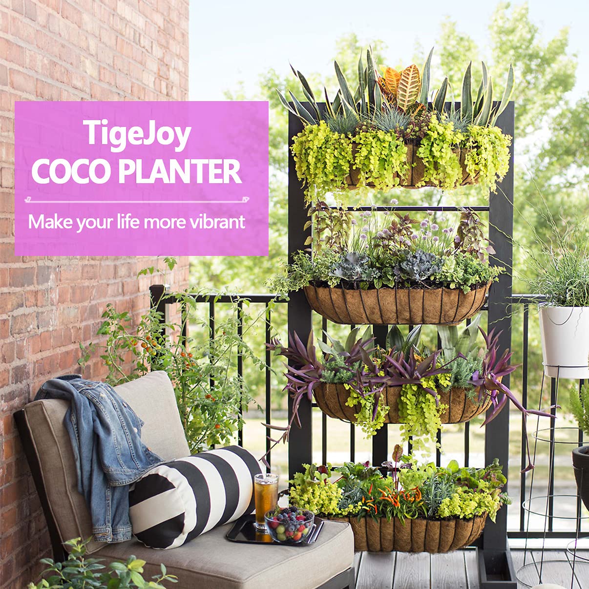 TigeJoy 2PCS 24'' Trough Coco Coir Liners Planter Replacement, 100% Natural Thick Coco Fiber Liner for Flower Box Decks Garden Flower Pots, 24inch Half Moon Shape Coconut Liner Window Boxes Outdoor