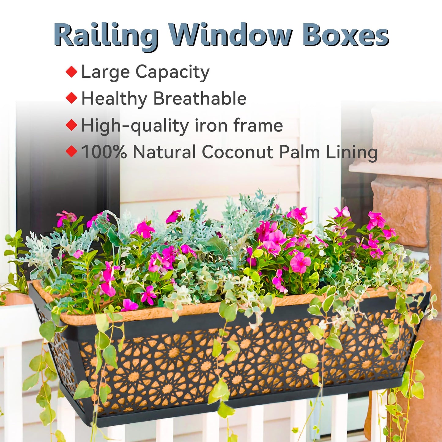 EIMQUVW 2 Pack 24" Railing Planter Window Box Deck Balcony Rail Planter Black Metal Flower Basket Horse Trough Planters with Coco Fiber Liner for Porch Fence Patio Outdoor