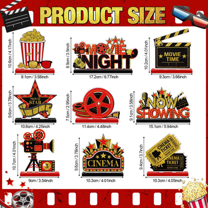 Blosssound 9 Pcs Movie Night Party Decorations Movie Theme Wooden Table Centerpieces Theater Now Showing Table Sign Cinema Popcorn Star Tabletop Decor for Home Film Birthday Party Supplies