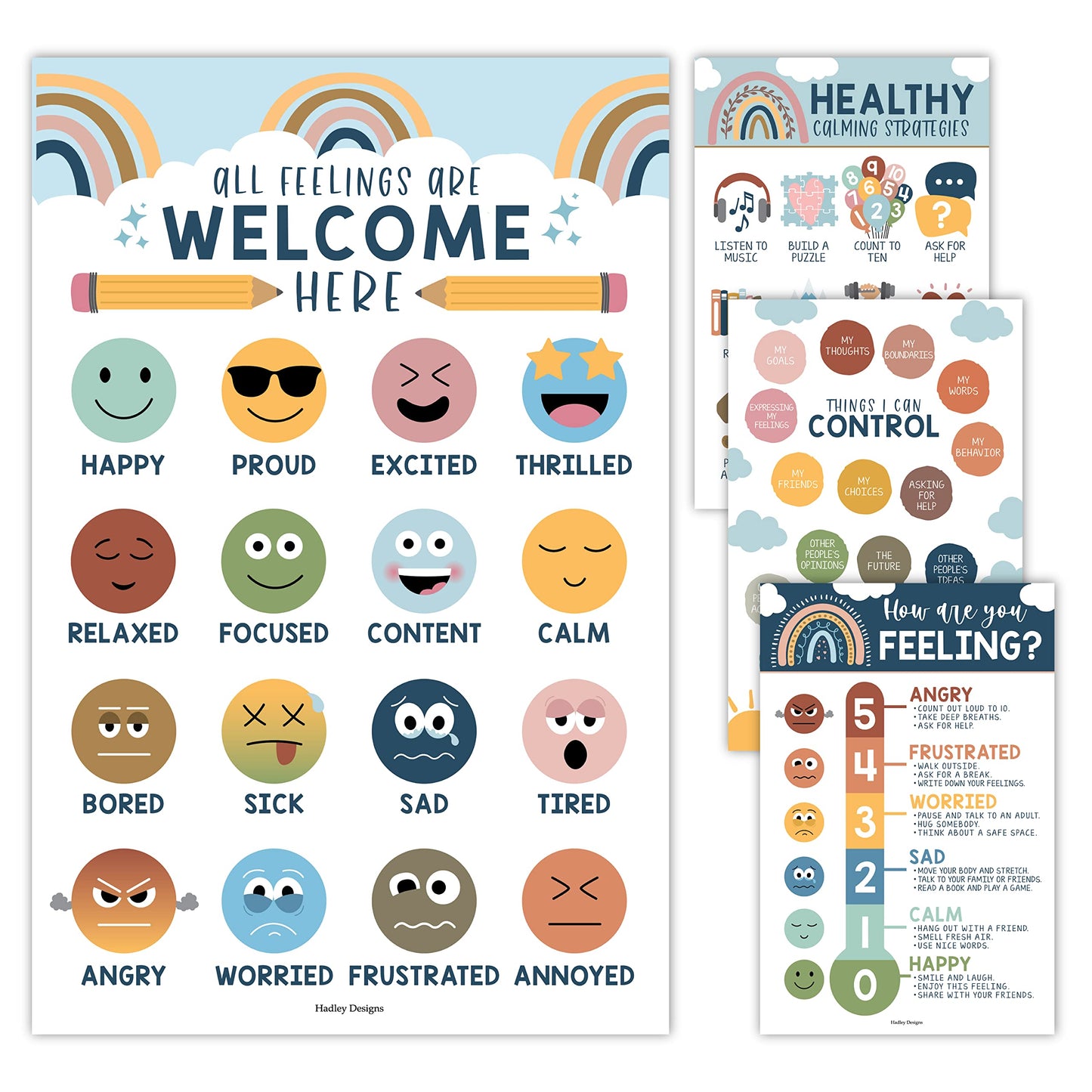 Hadley Designs Feelings Chart for Classroom Must Haves - Emotions Chart for Toddler Calm Down Corner Supplies, Feelings Wheel, Mental Health & Social Emotional Learning Posters, Boho Classroom Decor