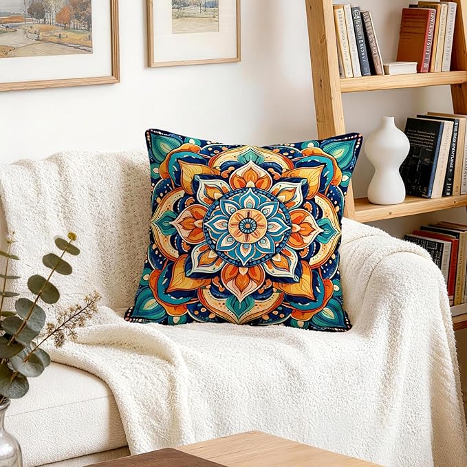 OBSEDE Boho Mandala Throw Pillow Covers Set of 4, 18x18 Inch Blue and Orange
