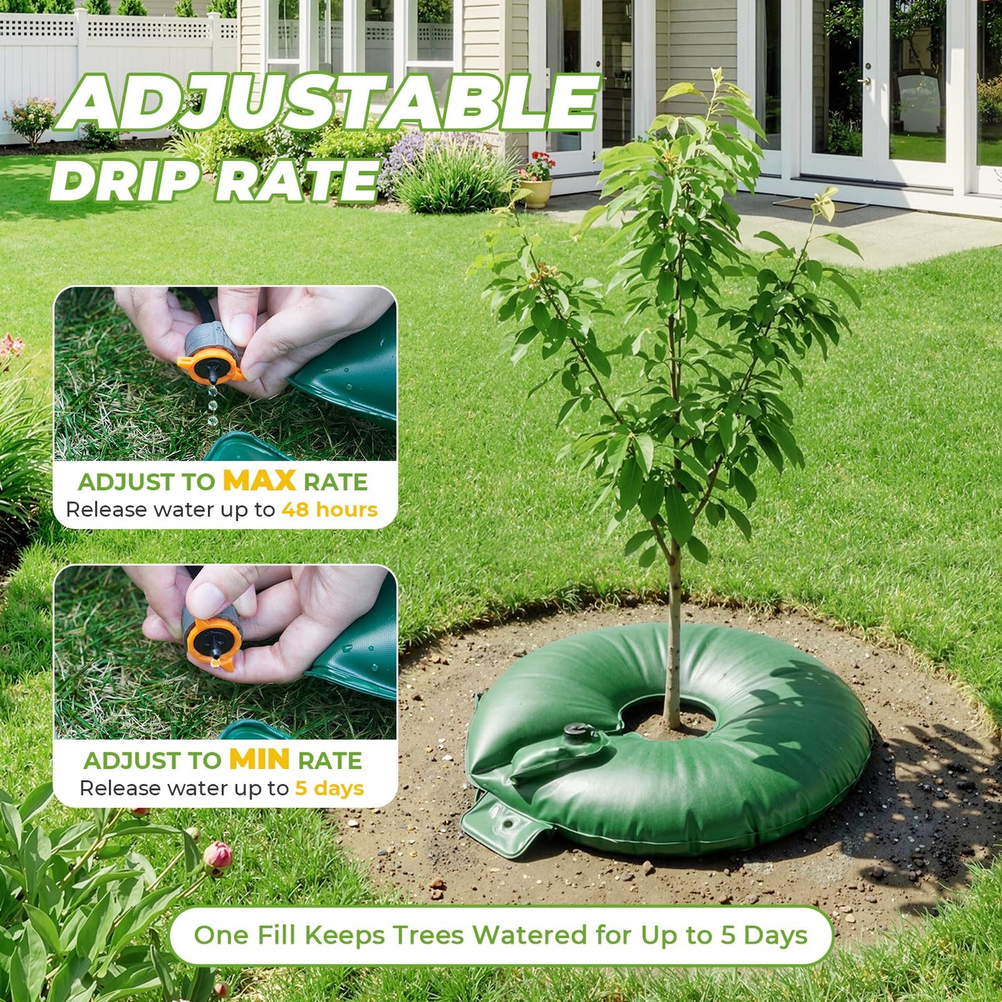 HIRALIY 15 Gallon Tree Watering Bag, 4 Pack Watering Ring, Slow Release 1-7 Days, Deep Root & Automatic Drip Irrigation System, for Multi-Trunk Newly Planted Small Trees and Shrubs