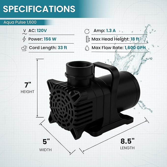 HALF OFF PONDS Submersible Water Pump, 1,600 GPH Pond Pump with 33FT Power Cord and 18FT Max Head, 156W Ultra Quiet Energy Efficient Pump for Koi Pond, Fountain, Waterfall, Water Garden, Skimmer