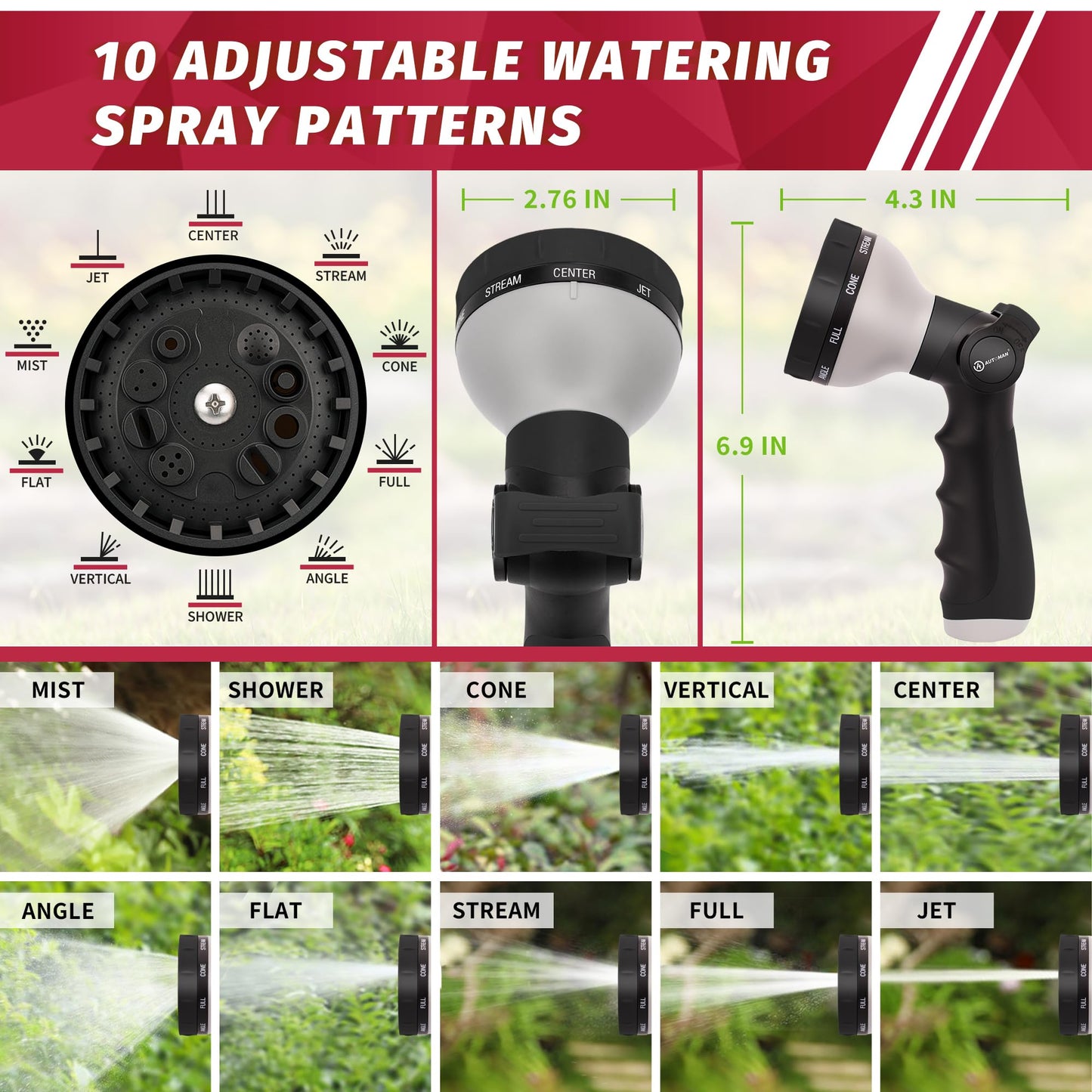 AUTOMAN Garden Hose Nozzle Sprayer - 10 Spray Patterns, 2 Pack Thumb Control Water Hose Nozzle Outdoor, Heavy Duty Spray Nozzles for Watering Garden, Cleaning Window, Washing Car, Showering Pets