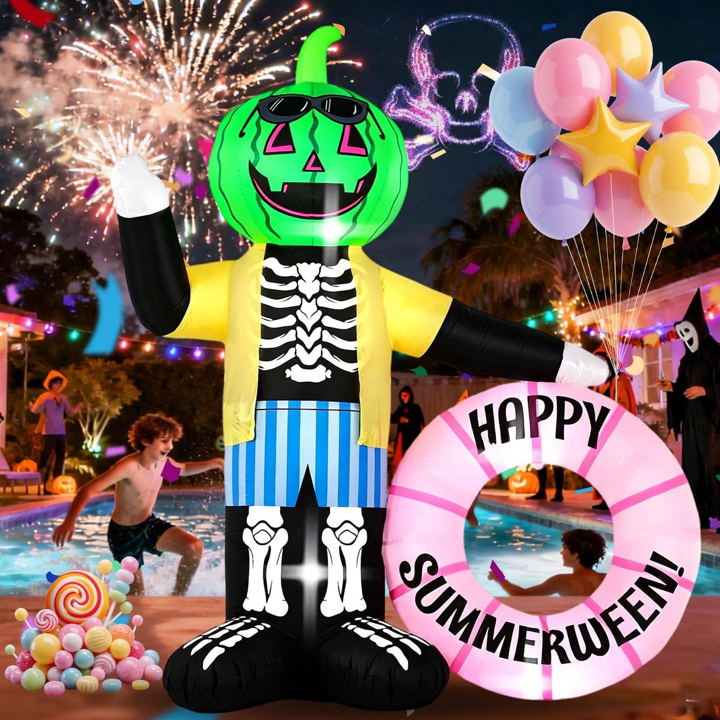 InfleasJoiy 6FT Watermelon Zombie Holding Flower Wreath, Summer Halloween Outdoor Inflatable Decoration with Built-in LED Lights. Suitable for Indoor, Outdoor, and Lawn Parties.