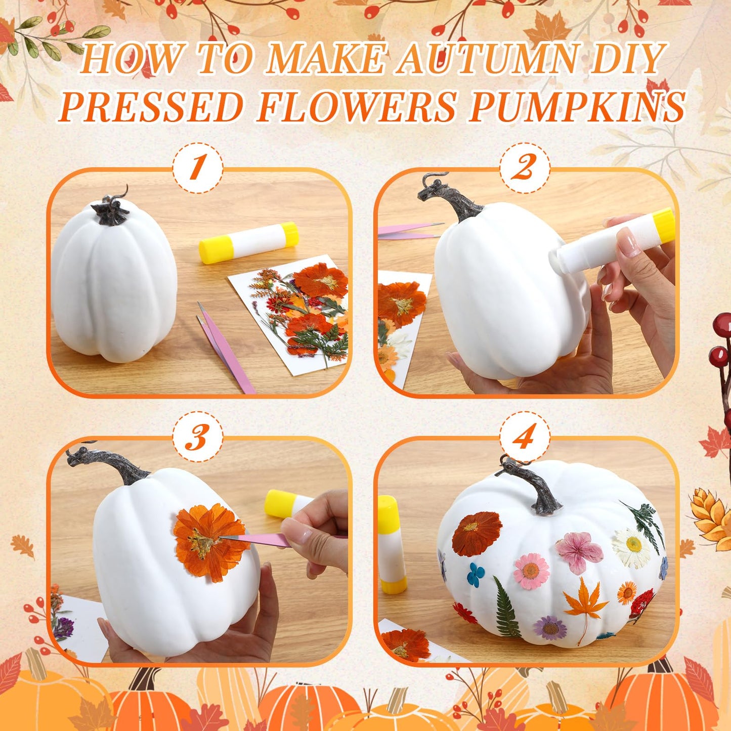 Canlierr 8 Pcs Artificial Pumpkins Fall Decor with 150 Pcs Dried Flower Butterfly Stickers & 1 Handy Tweezer DIY Craft Pumpkin for Thanksgiving Table Centerpiece Mantel Shelf (Orange)