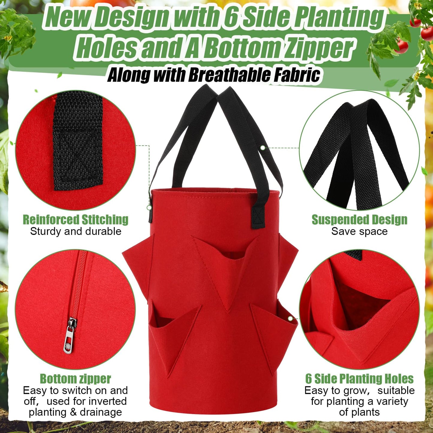 SATINIOR 6 Pack Upside Down Tomato Herb Planter 3 Gallon Hanging Grow Bags Outdoor Strawberry Planters with 6 Planting Holes and 1 Bottom Zipper Grow Bags with Hooks for House Vegetable Gardening