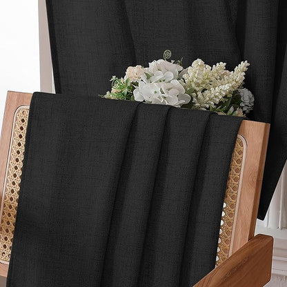 Tollpiz Linen Curtain Bedroom Rod Pocket Semi Sheer Curtains Burlap Light Filtering Thick Linen Drape for Living Room, 54 x 63 inches Long, Black, Set of 2 Panels