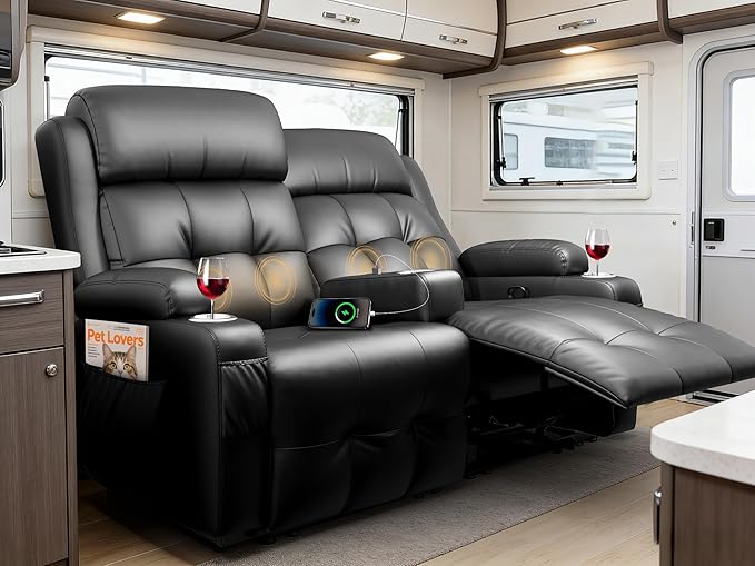 Reclining Loveseat, 55.1" RV PU Leather Wall Hugger Recliner Love Seats Sofa