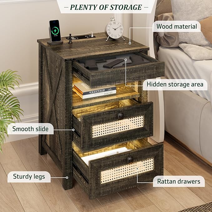 Farmhouse Night Stand with Gun Drawer, Bedside Table with Charger Station