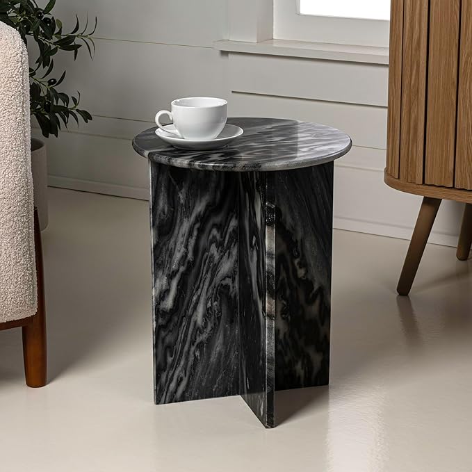 JONATHAN Y Javier Solid Black/Gray Marble End Table, 17.75" Round Modern Accent