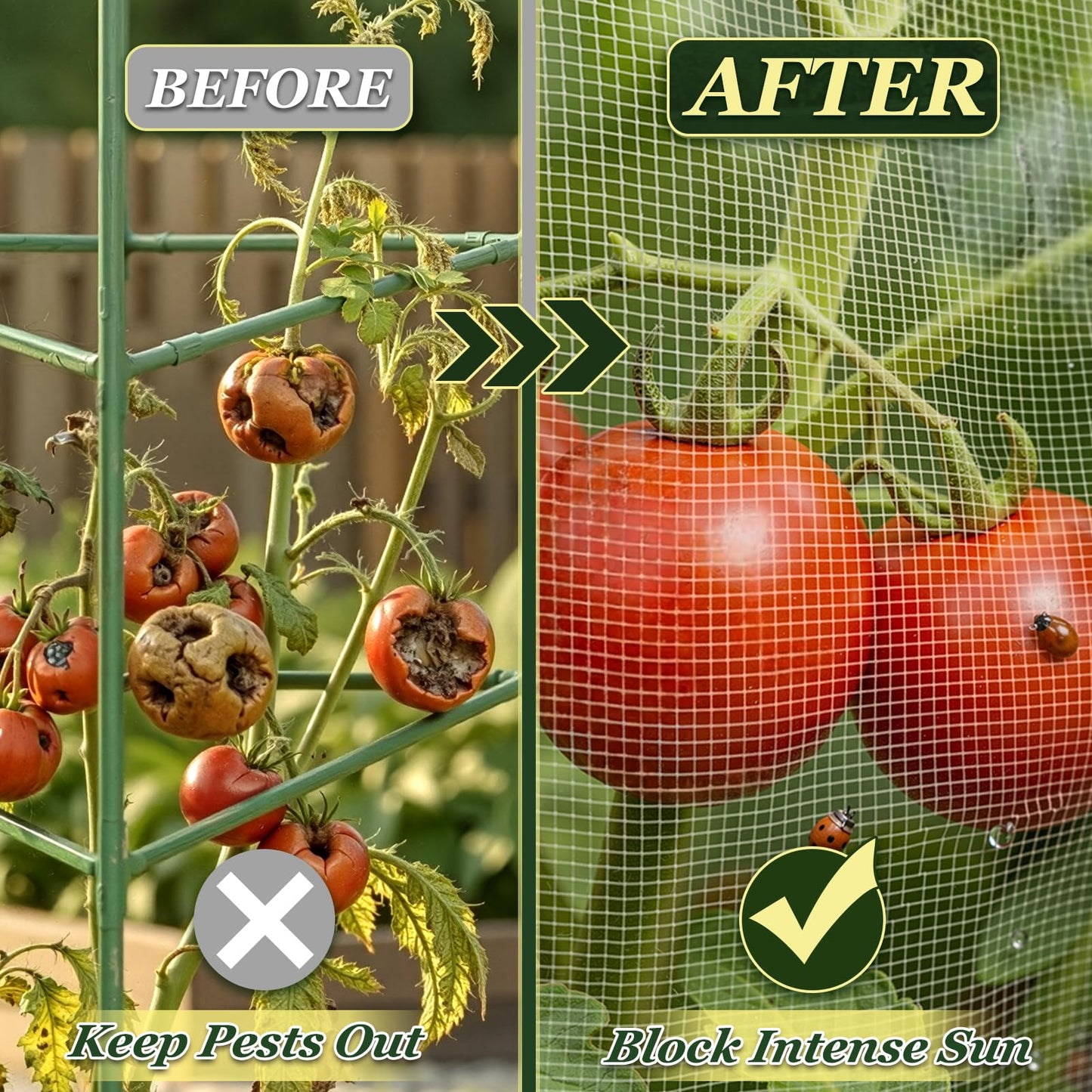 ComfyKit 3PCS Garden Bird Netting Plant Covers for Square Tomato Cage, 59" x 17.7" Reusable Tomato Cage Net with Zipper & Drawstring, Insect & Bird Barrier for Tomatoes, Fruits & Climbing Vines