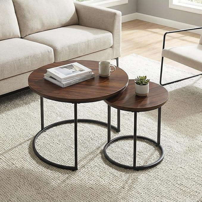 Round Nesting Coffee Table Set of 2, Modern Marble Pattern Wooden Nesting Tables